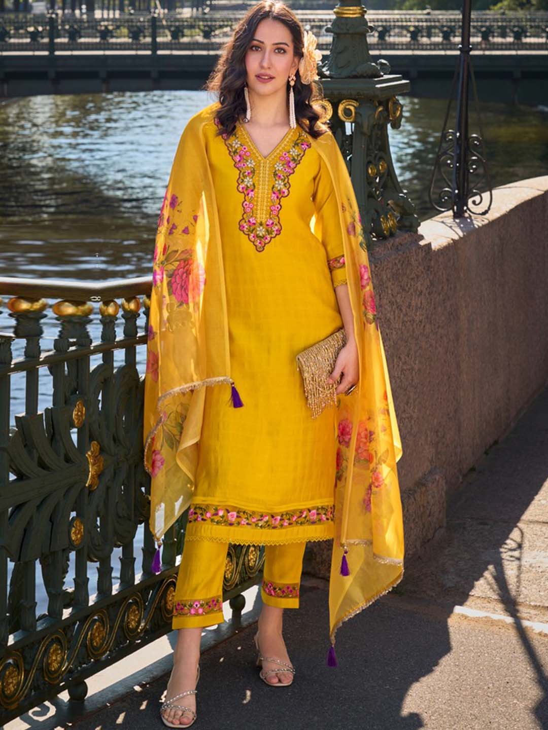 Yellow Yoke Embroidered Stitched Suit Set With Dupatta