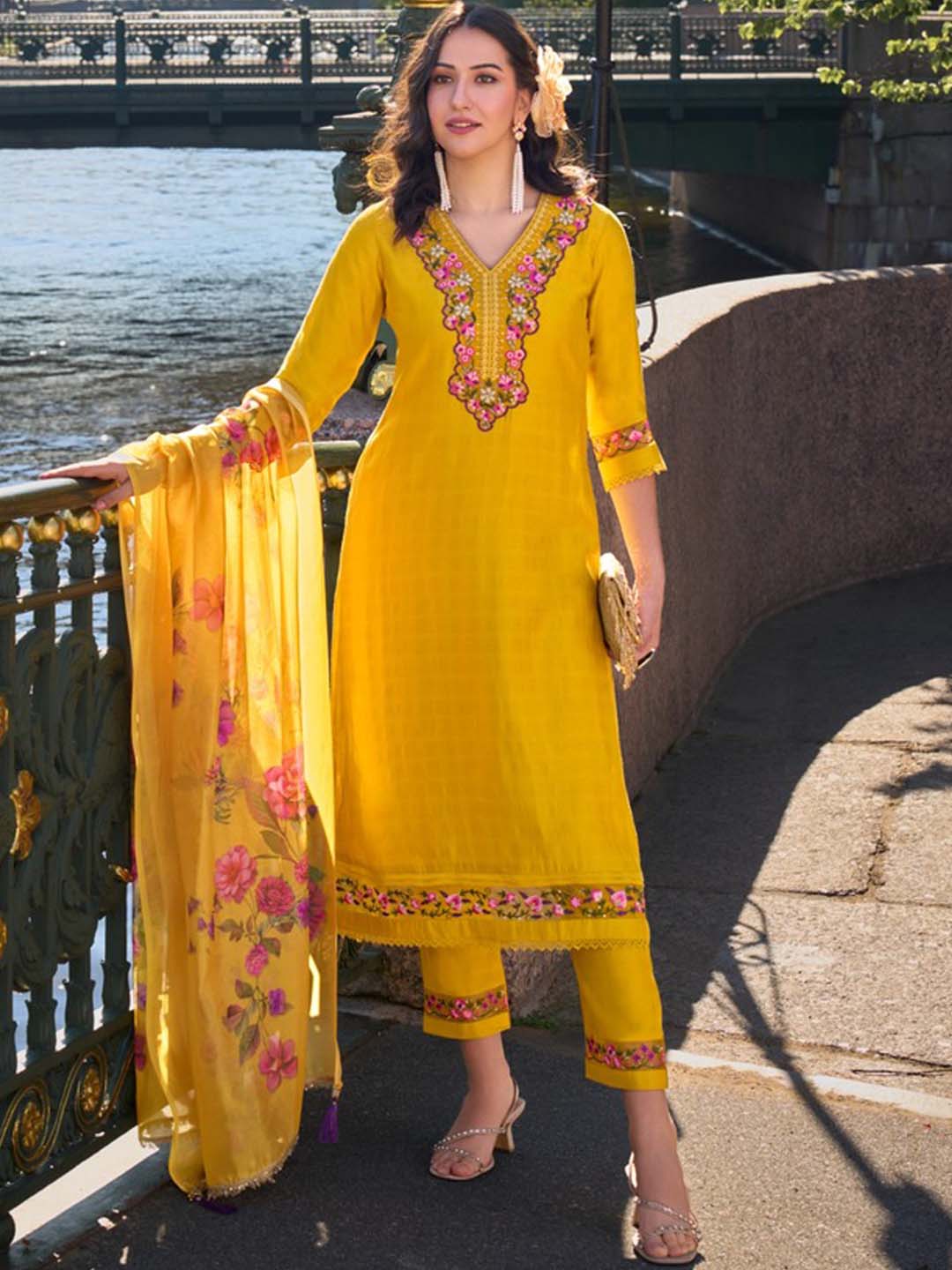 Yellow Yoke Embroidered Stitched Suit Set With Dupatta