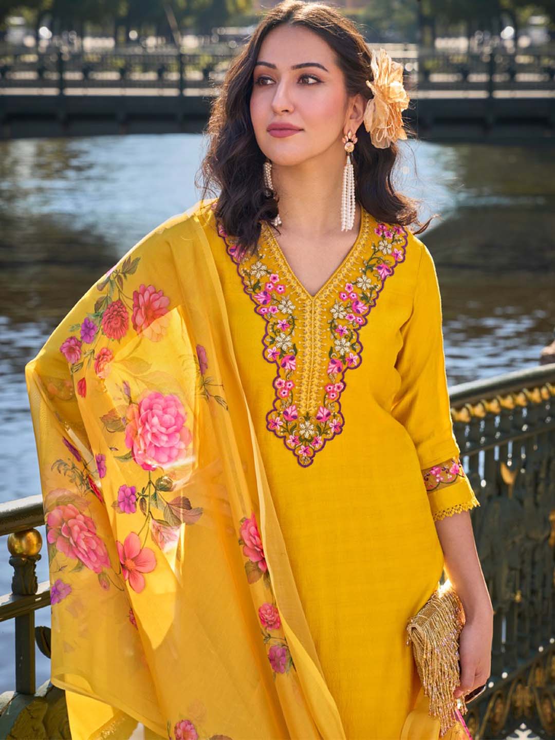 Yellow Yoke Embroidered Stitched Suit Set With Dupatta