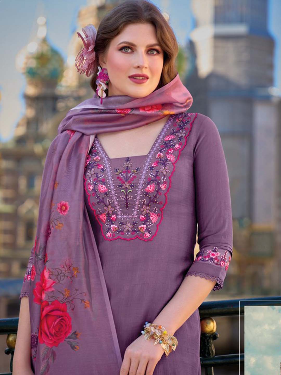 Lavender Yoke Embroidered Stitched Suit Set With Dupatta