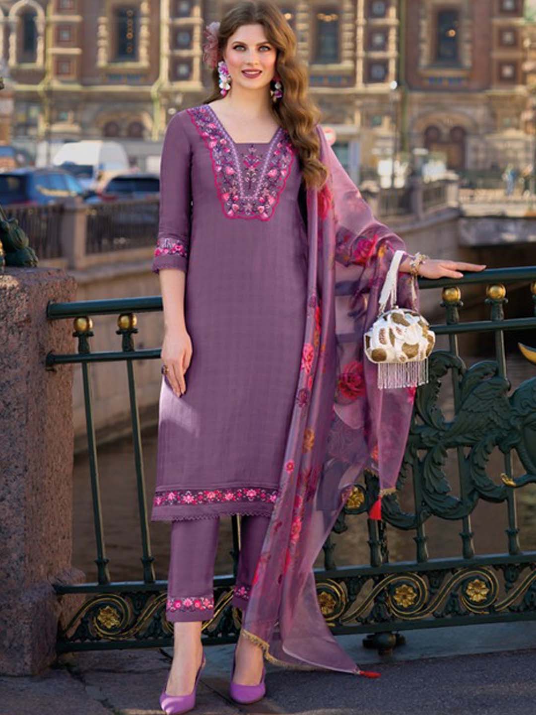 Lavender Yoke Embroidered Stitched Suit Set With Dupatta