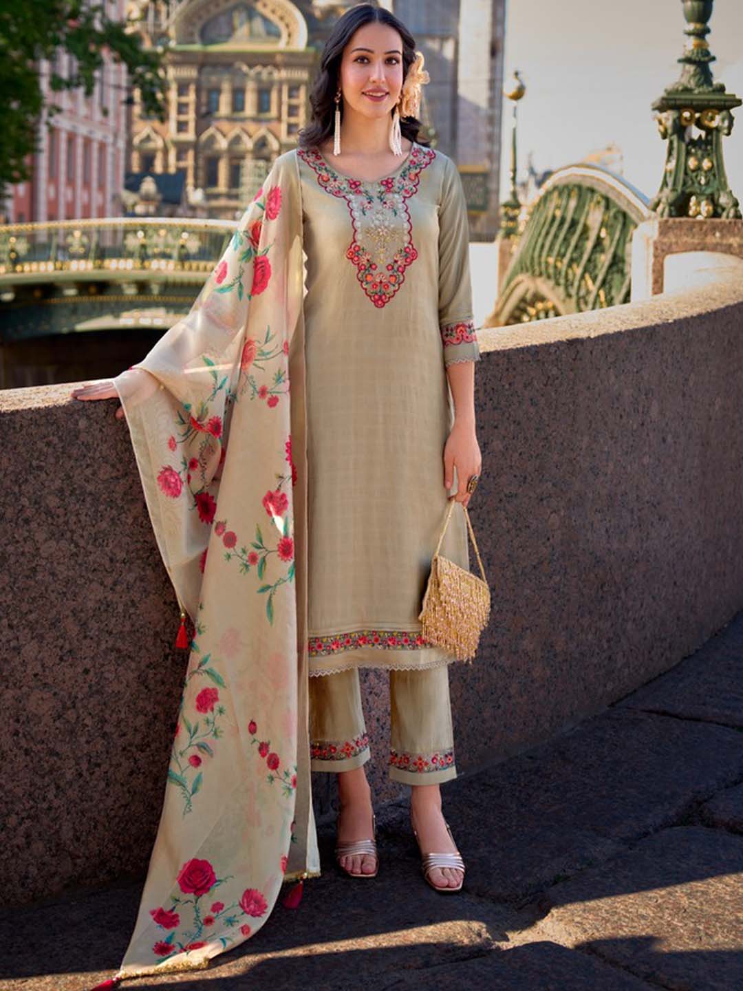 Beige Yoke Embroidered Stitched Suit Set With Dupatta