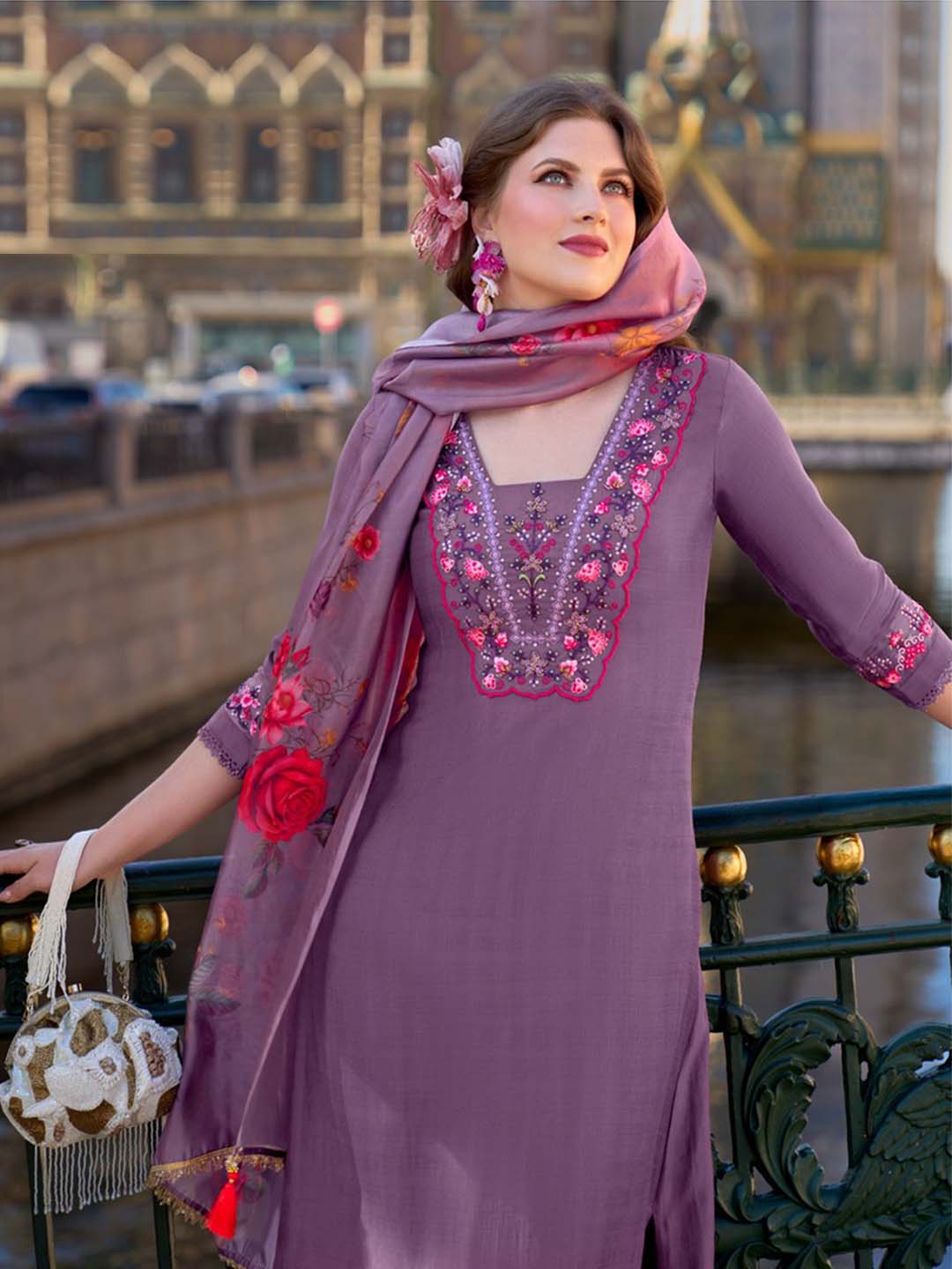 Lavender Yoke Embroidered Stitched Suit Set With Dupatta