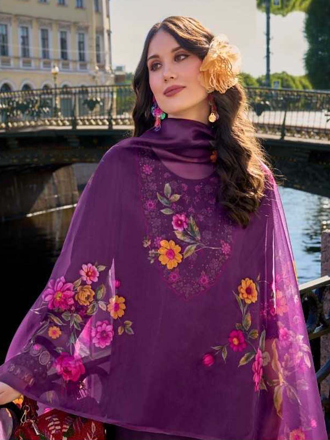 Purple Yoke Embroidered Stitched Suit Set With Dupatta