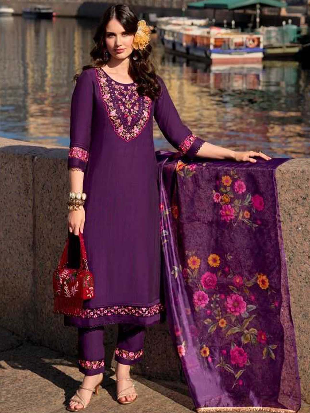 Purple Yoke Embroidered Stitched Suit Set With Dupatta