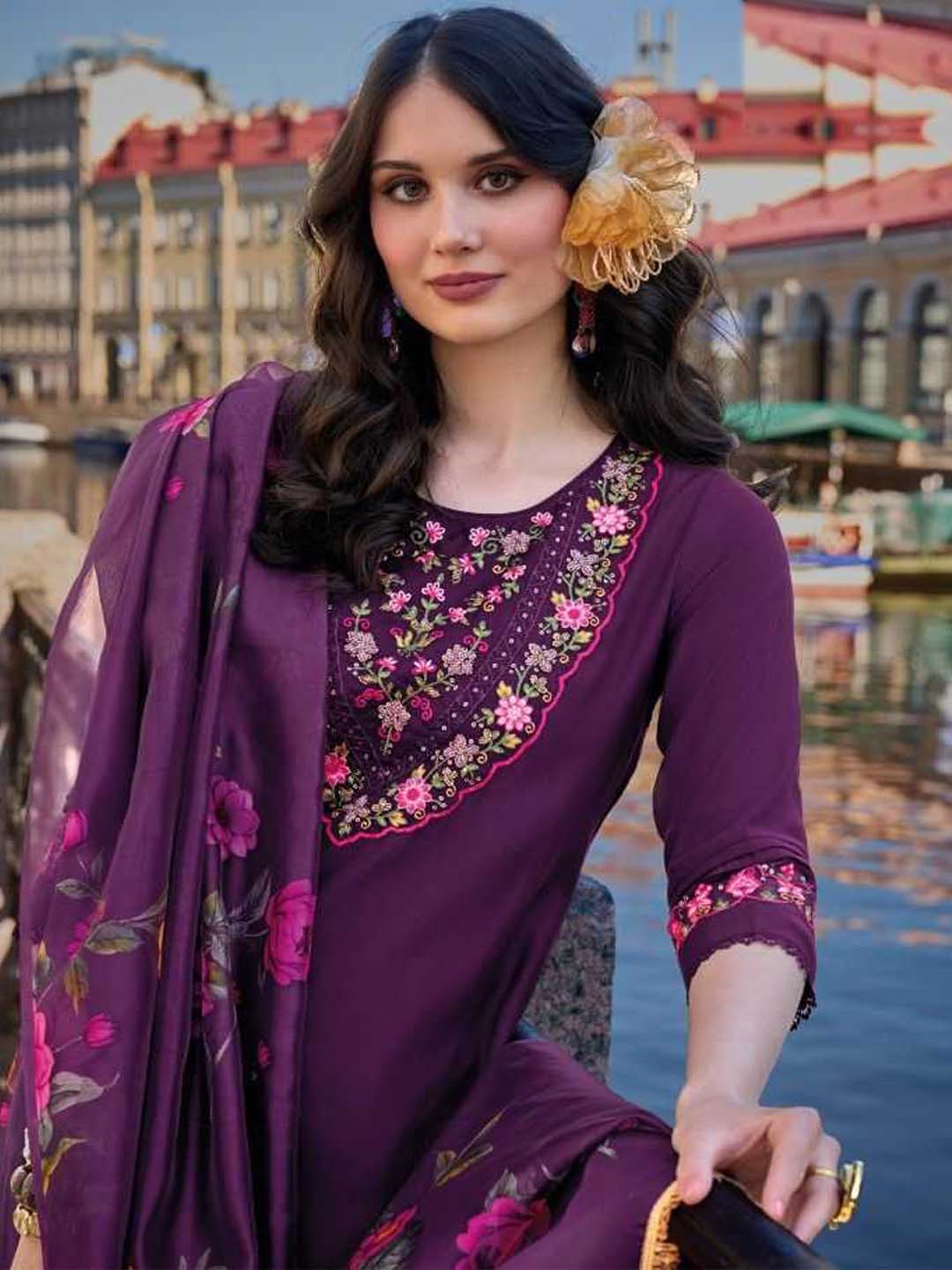 Purple Yoke Embroidered Stitched Suit Set With Dupatta