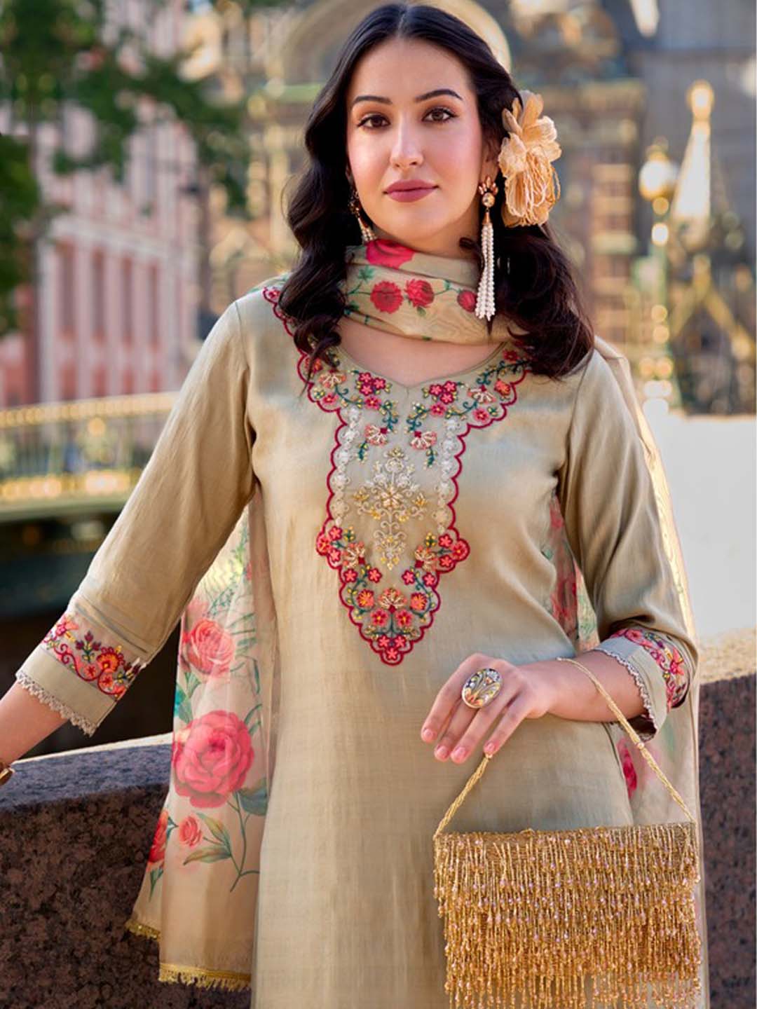 Beige Yoke Embroidered Stitched Suit Set With Dupatta