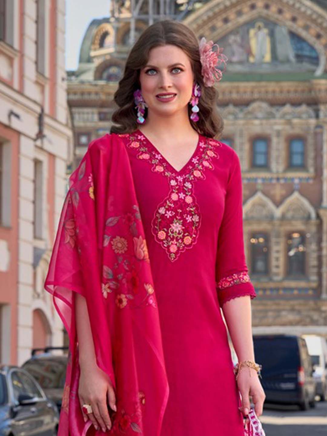 Rose Red Yoke Embroidered Stitched Suit Set With Dupatta