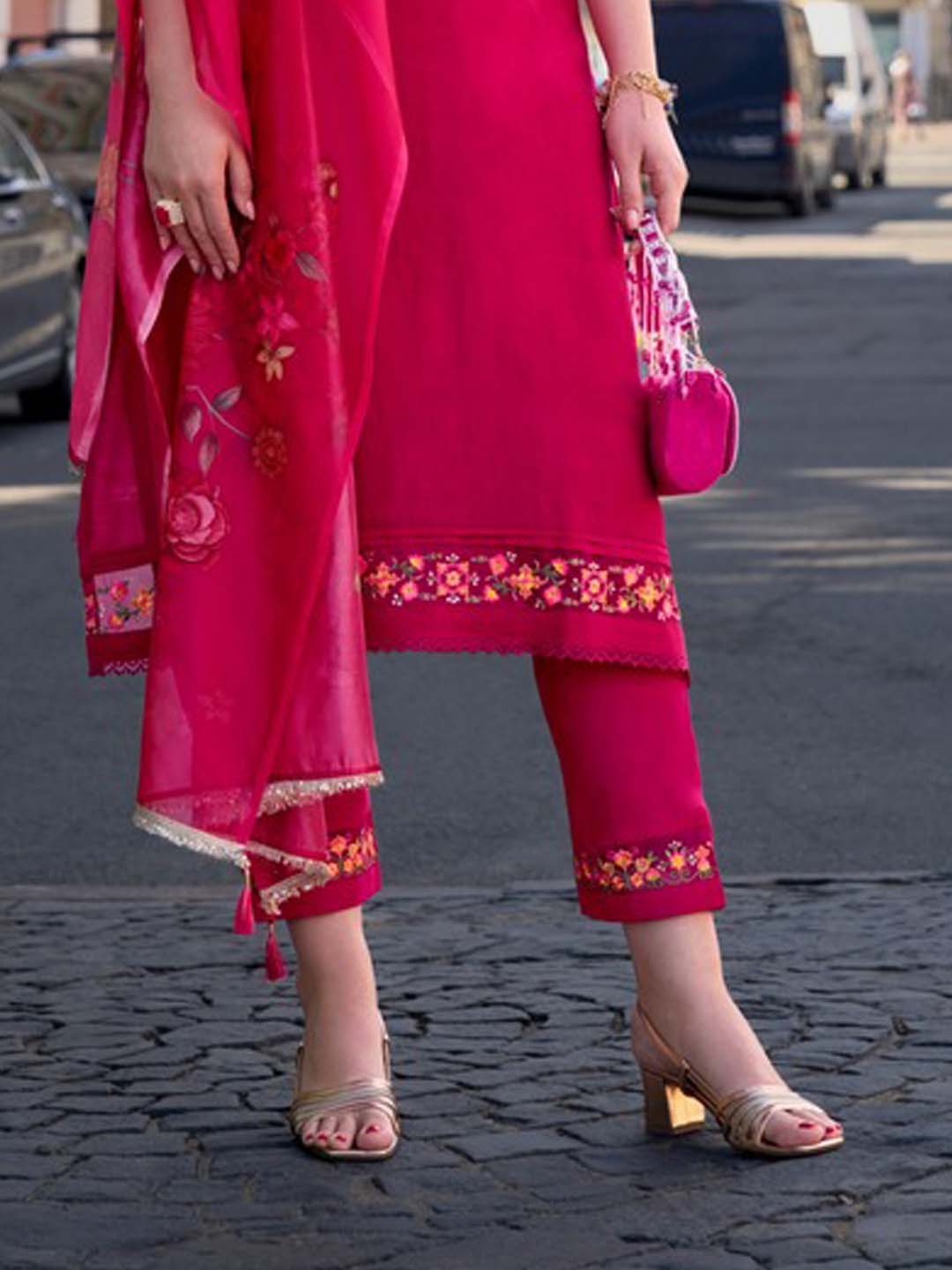 Rose Red Yoke Embroidered Stitched Suit Set With Dupatta