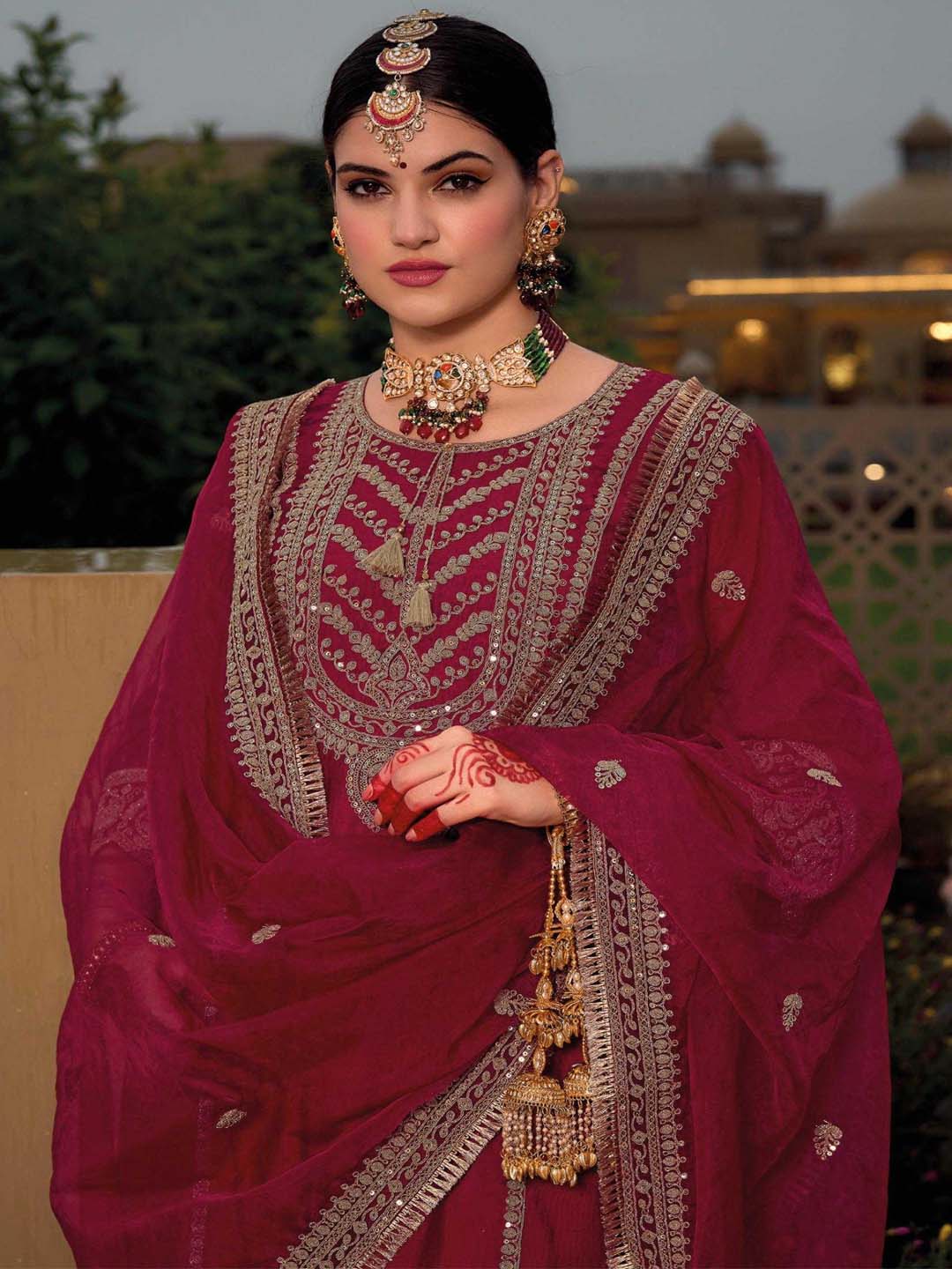 Dark Magenta Designer Style Embroidered Stitched Suit Set With Dupatta