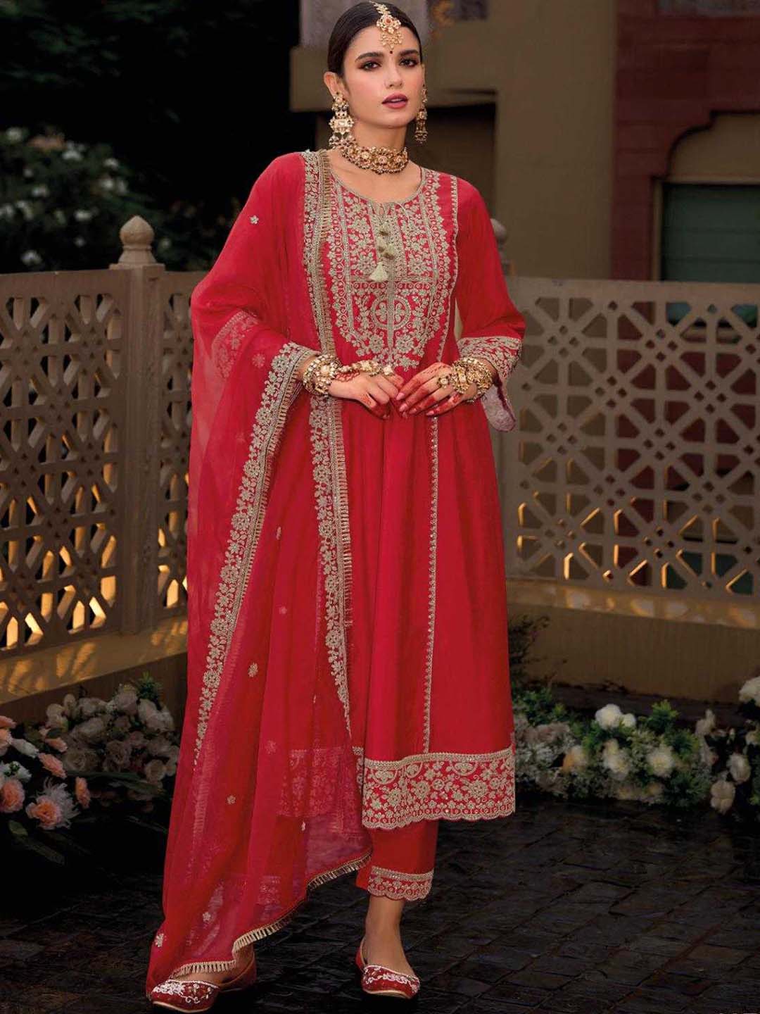 Red Designer Style Embroidered Stitched Suit Set With Dupatta