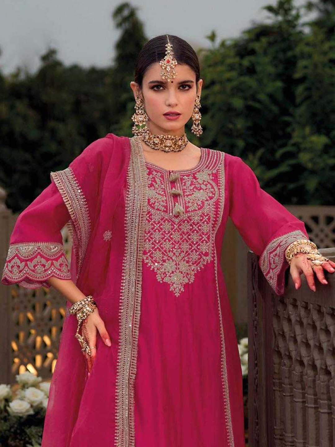 Hot Pink Designer Style Embroidered Stitched Suit Set With Dupatta