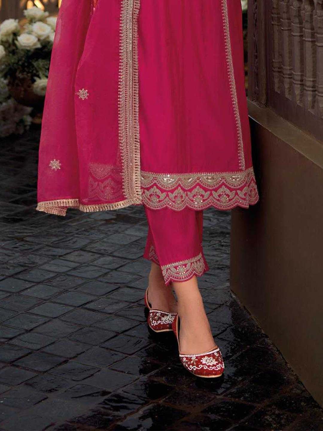 Hot Pink Designer Style Embroidered Stitched Suit Set With Dupatta