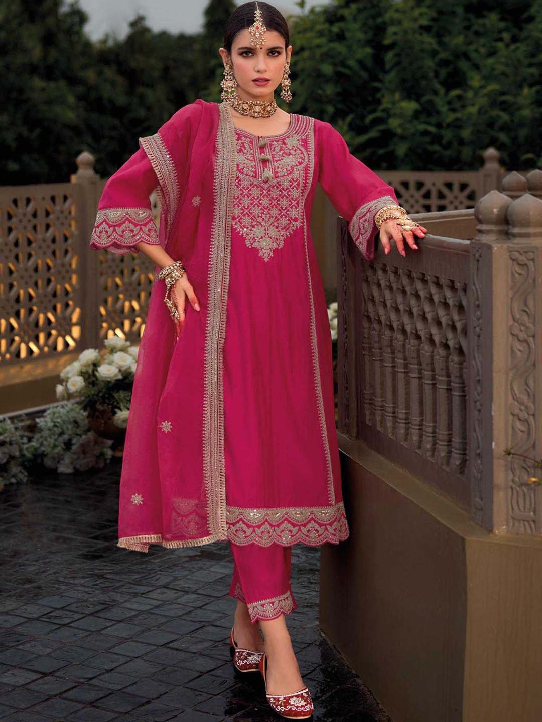 Hot Pink Designer Style Embroidered Stitched Suit Set With Dupatta