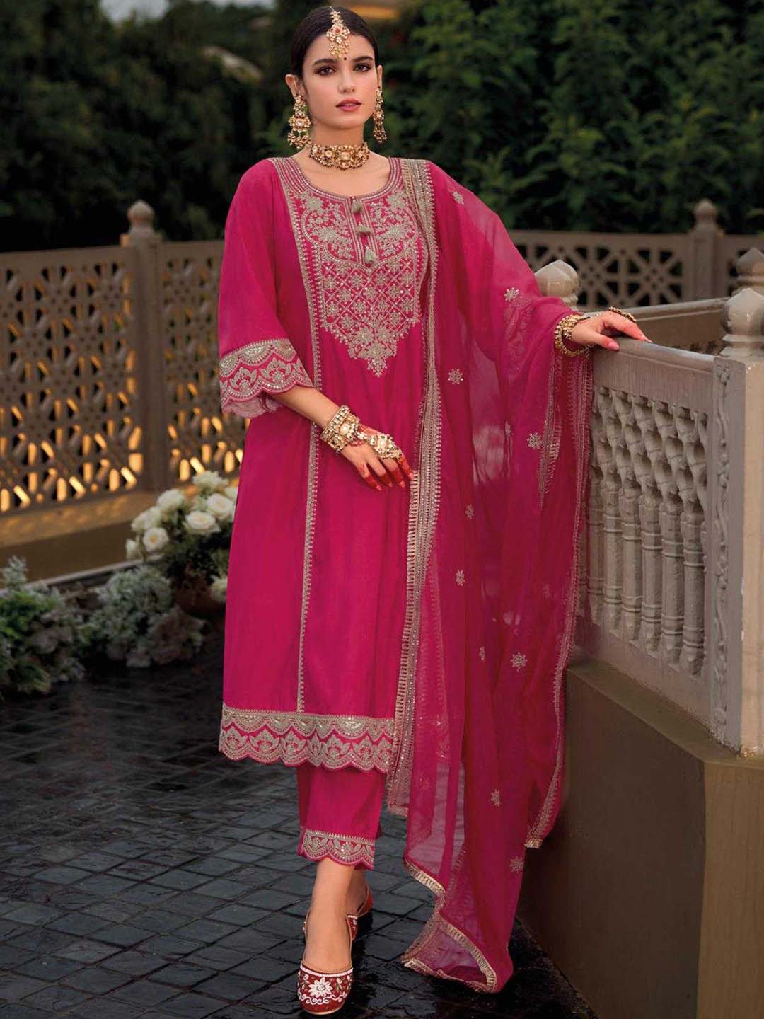 Hot Pink Designer Style Embroidered Stitched Suit Set With Dupatta