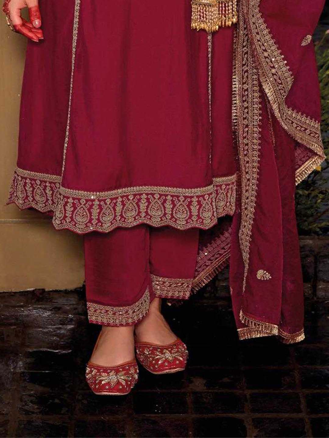 Dark Magenta Designer Style Embroidered Stitched Suit Set With Dupatta