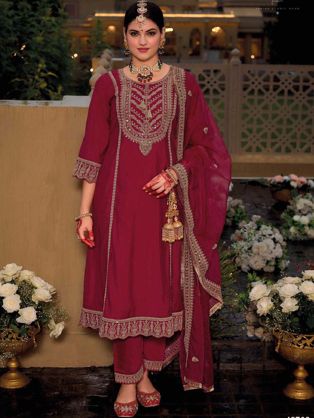 Dark Magenta Designer Style Embroidered Stitched Suit Set With Dupatta