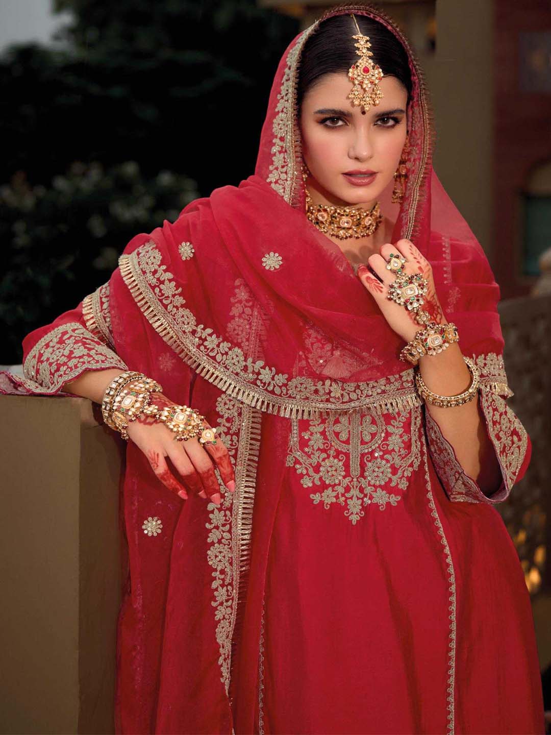 Red Designer Style Embroidered Stitched Suit Set With Dupatta