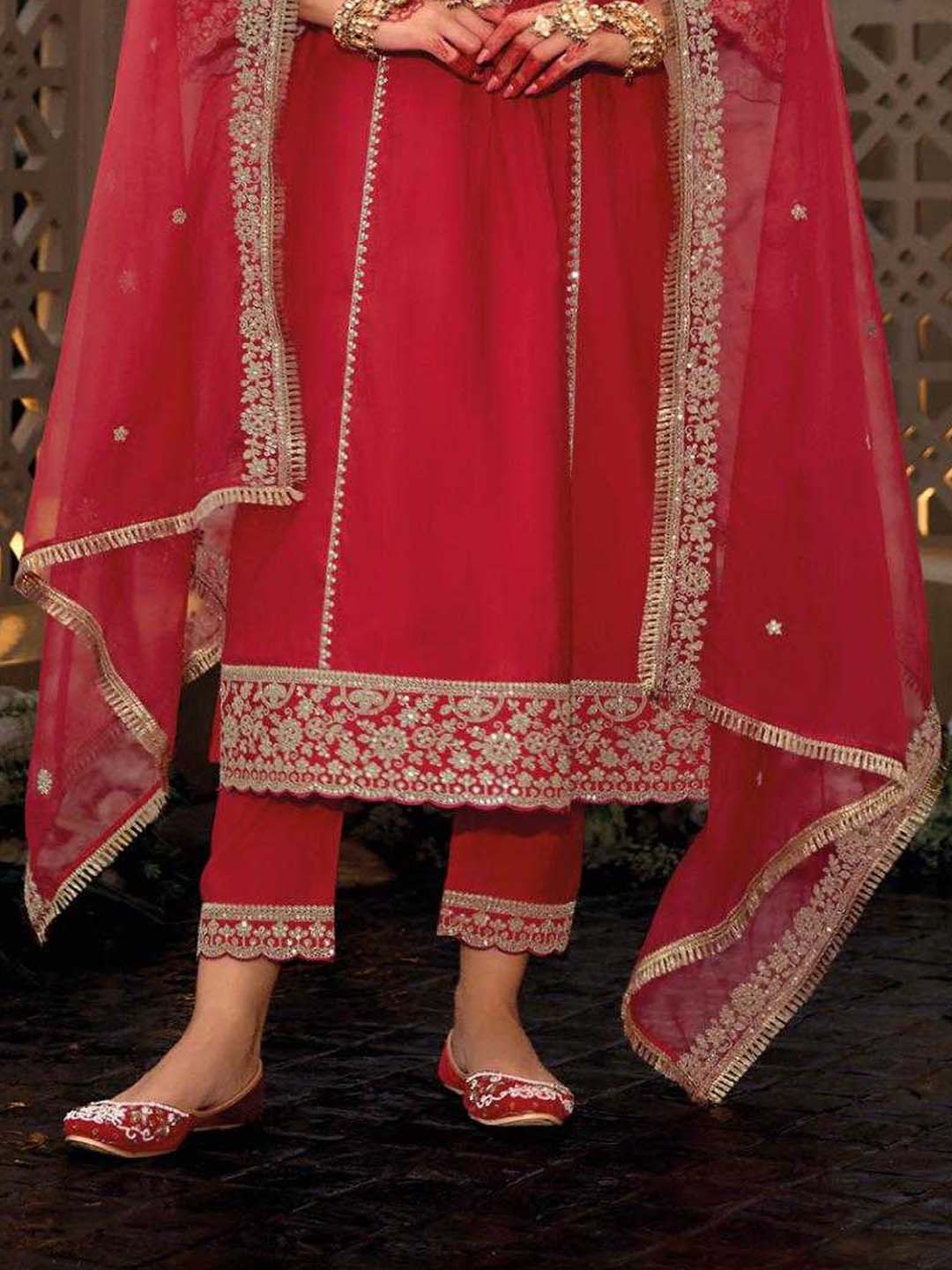 Red Designer Style Embroidered Stitched Suit Set With Dupatta