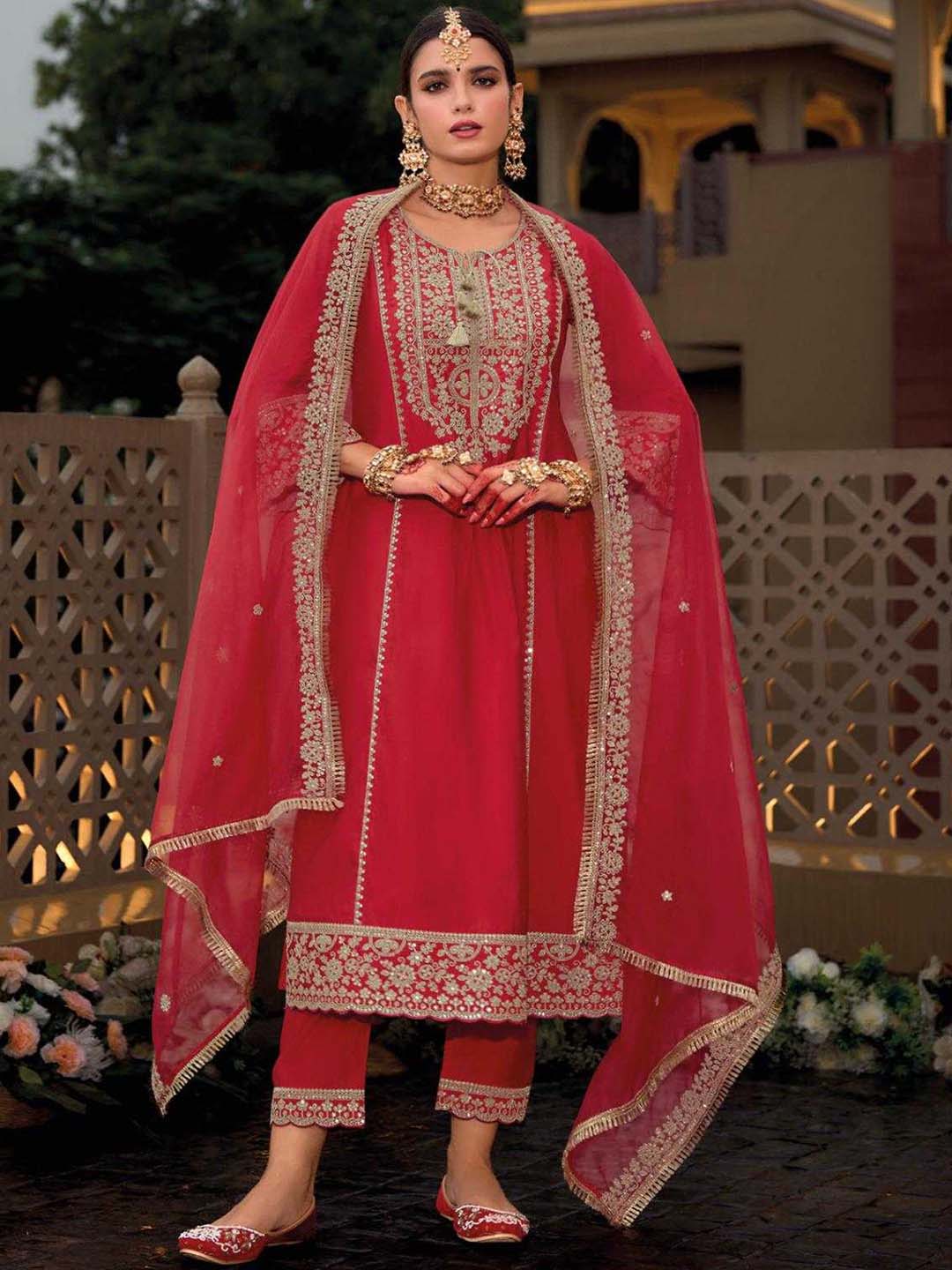 Red Designer Style Embroidered Stitched Suit Set With Dupatta