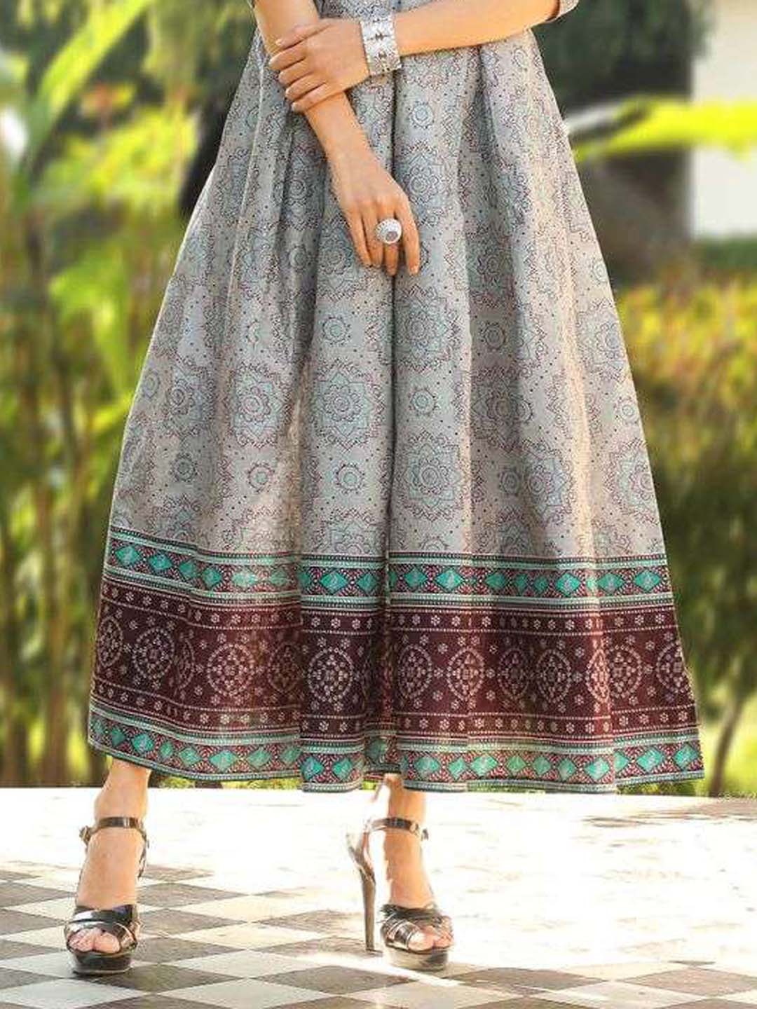 Grey Printed Flared Cotton Long Kurti