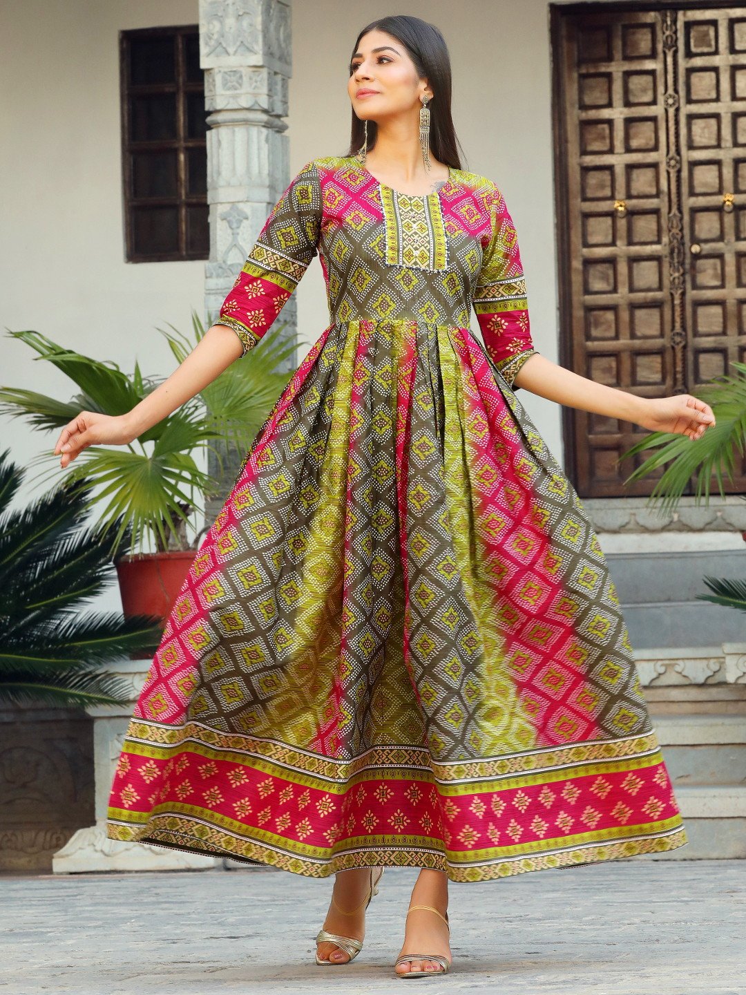 Multicolor Printed Flared Cotton Long Kurti