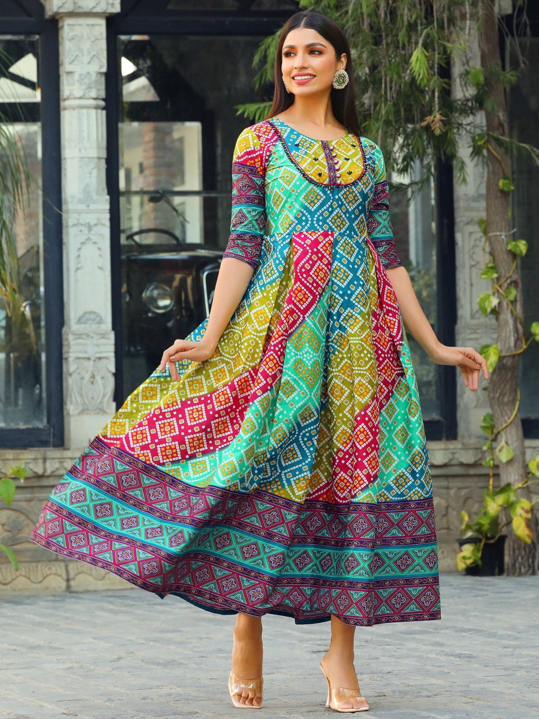 Multicolor Printed Flared Cotton Long Kurti