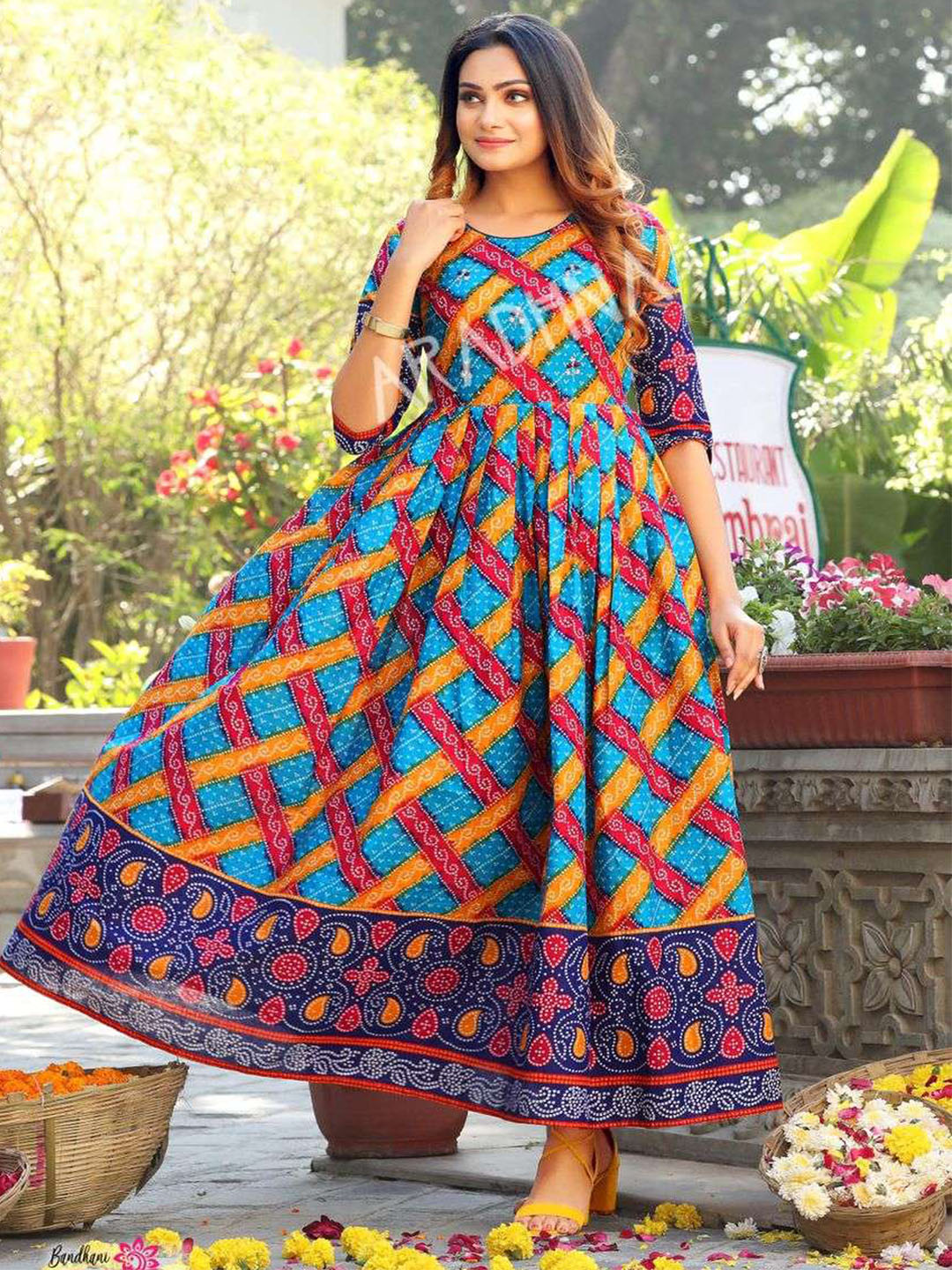 Multicolor Printed Flared Cotton Long Kurti