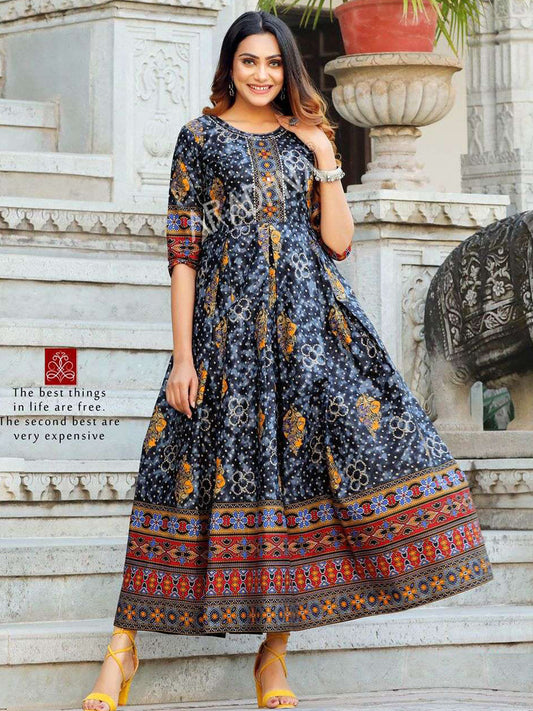 Multicolor Printed Flared Cotton Long Kurti