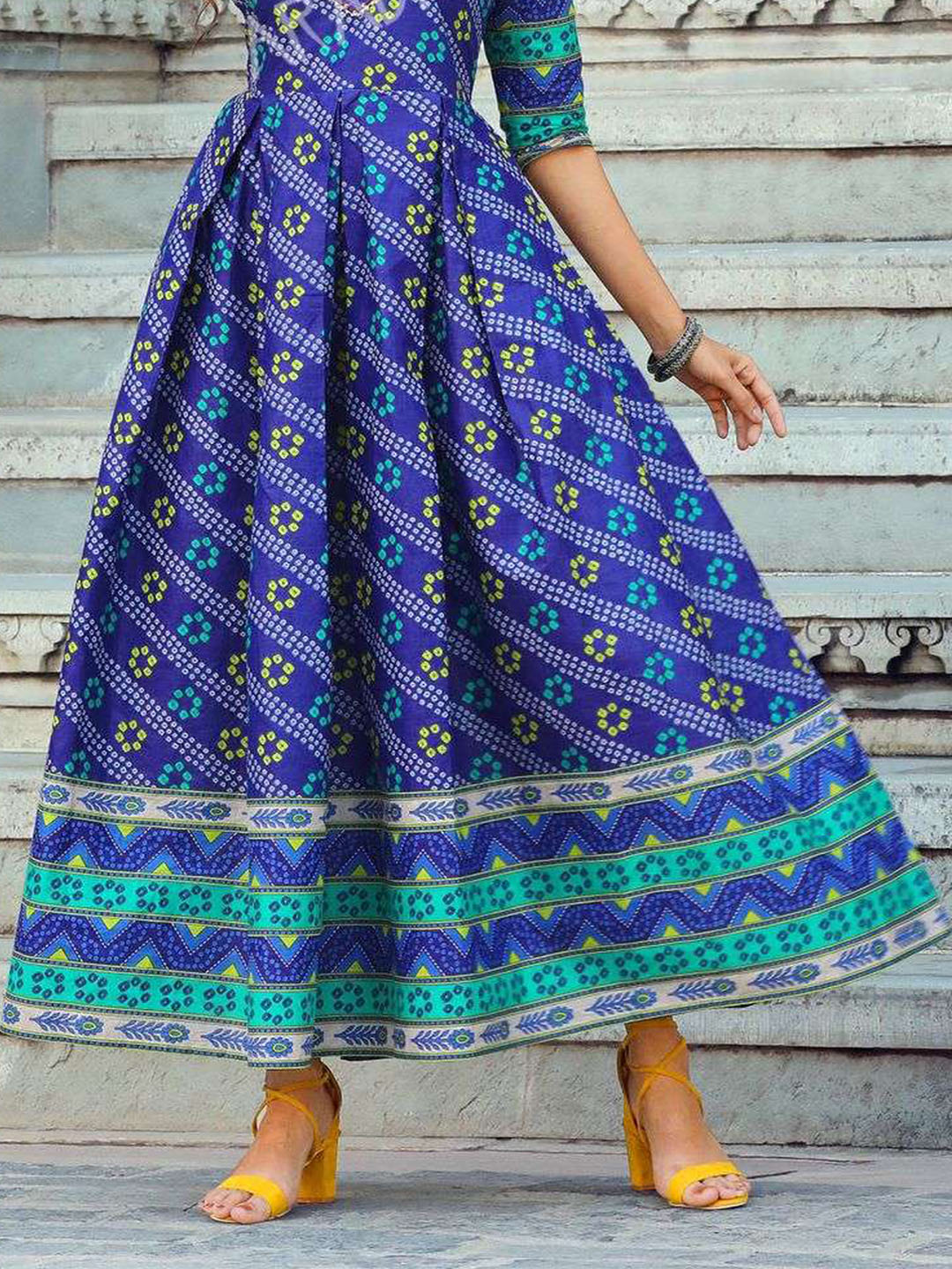 Blue Printed Flared Cotton Long Kurti