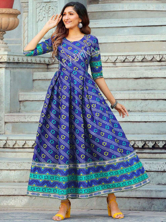 Blue Printed Flared Cotton Long Kurti