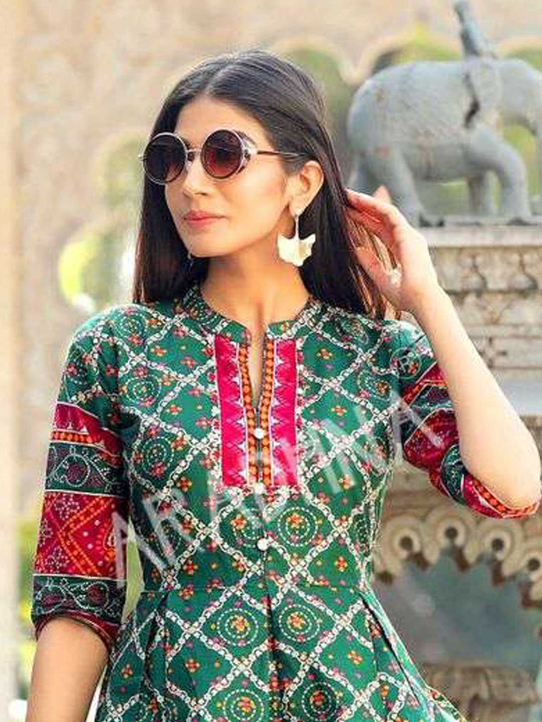 Green Printed Flared Cotton Long Kurti