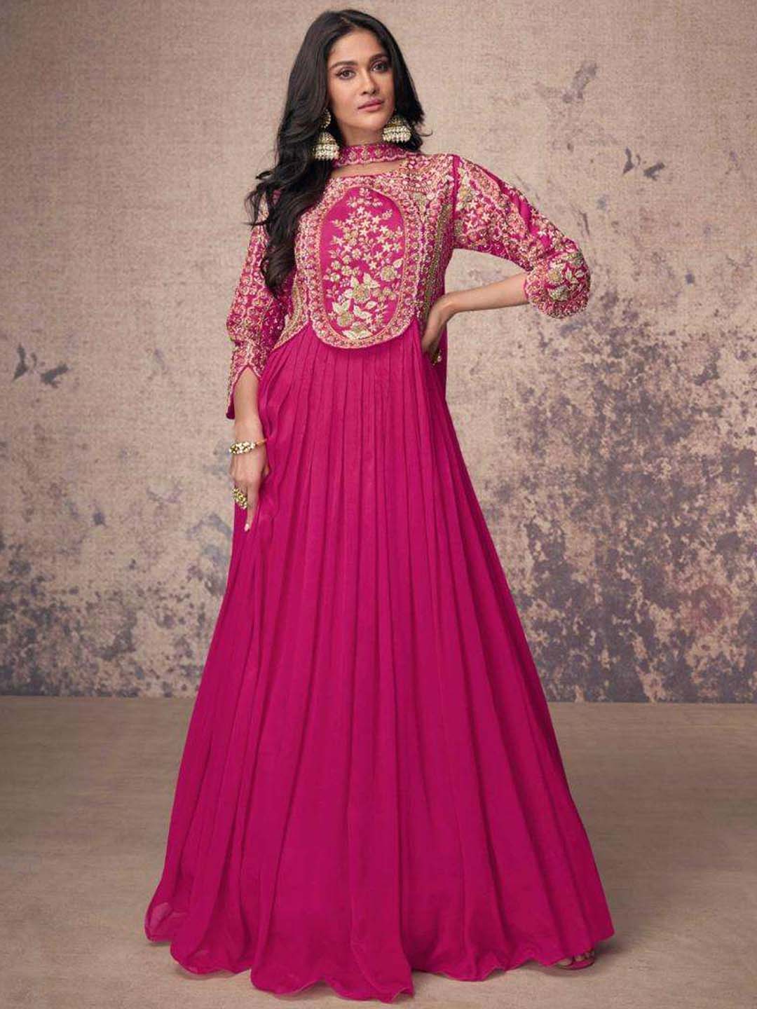 Dark Pink Chinon Silk Embellished Anarkali Kurti With Dupatta