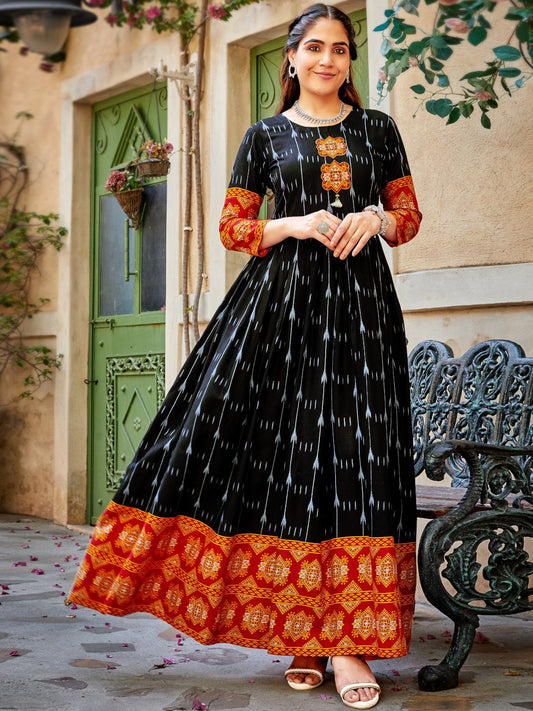 Black Rayon IKat Printed Flared Long Kurti