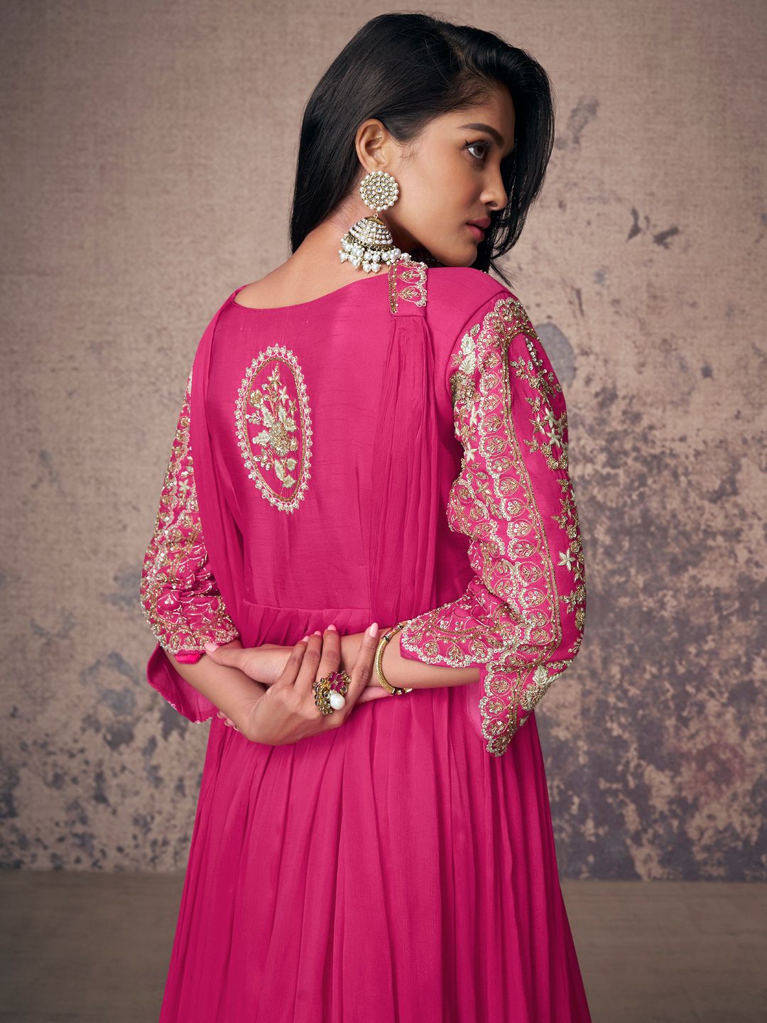 Dark Pink Chinon Silk Embellished Anarkali Kurti With Dupatta