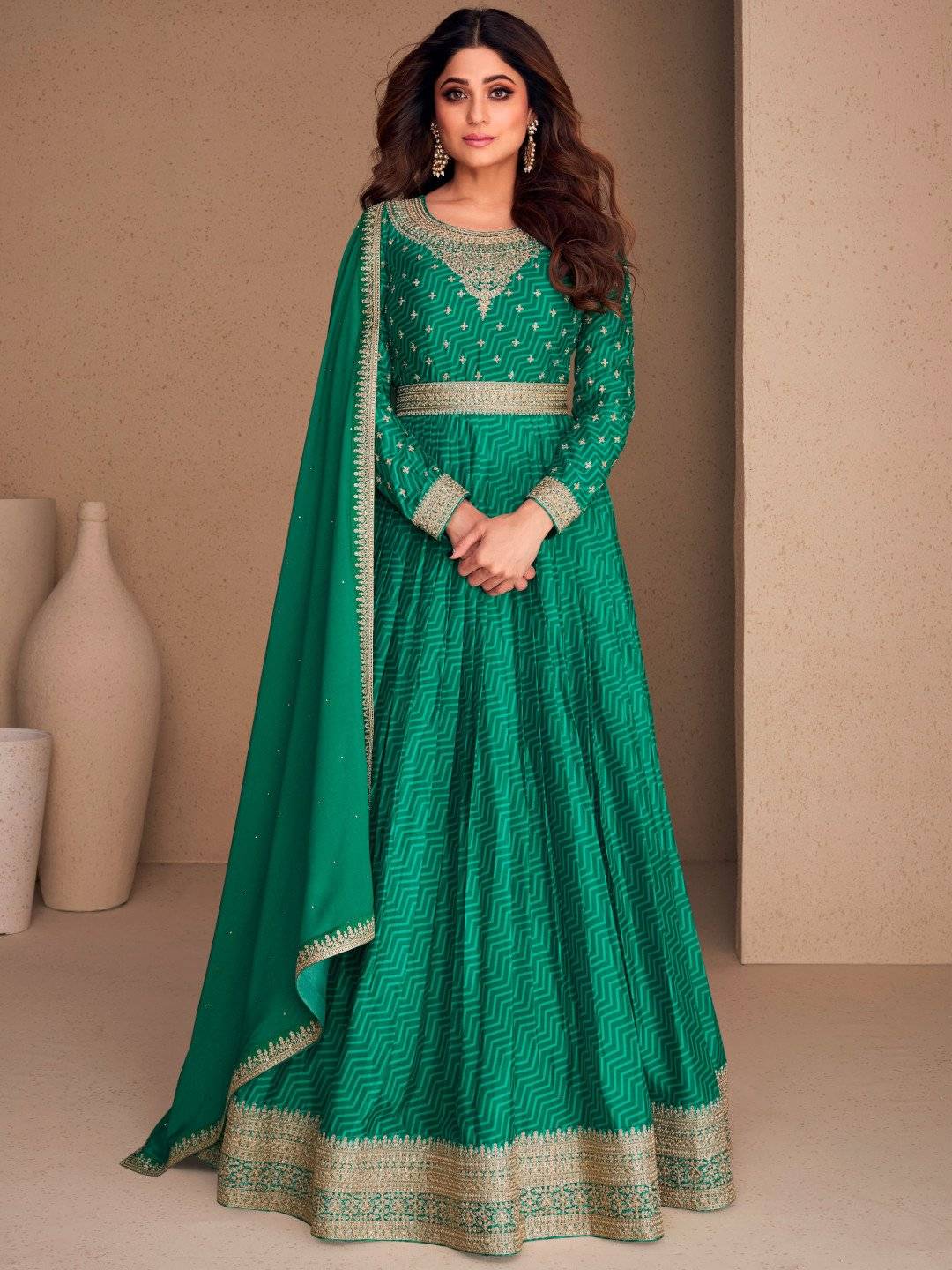 Embellished Green Chinon Silk Zari Stitched Gown with Dupatta