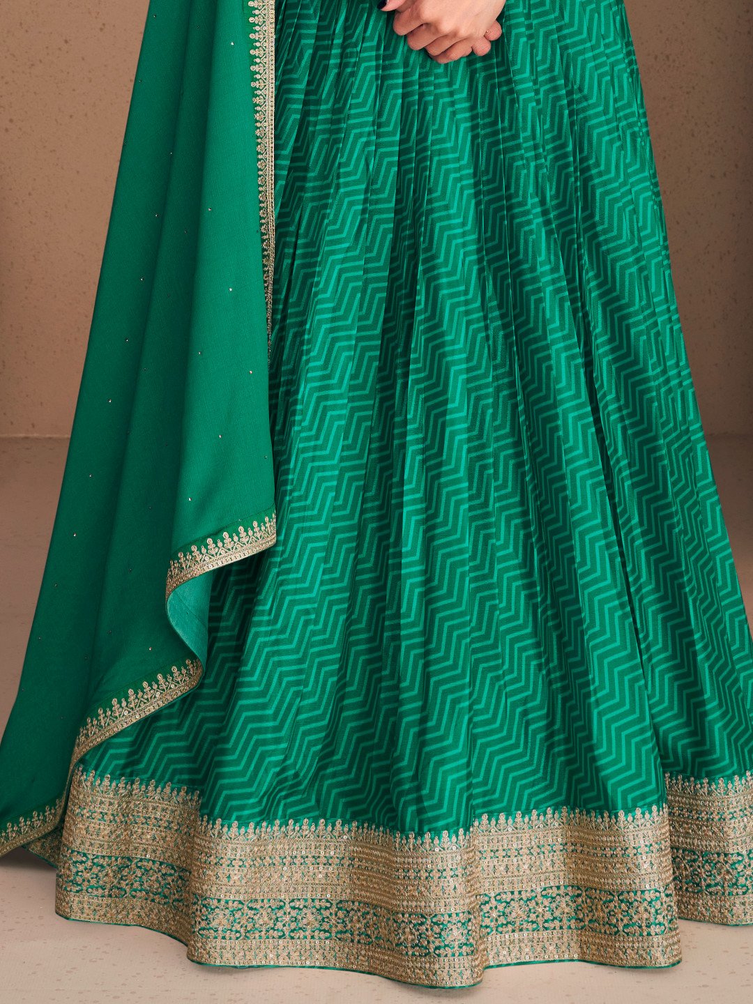 Embellished Green Chinon Silk Zari Stitched Gown with Dupatta