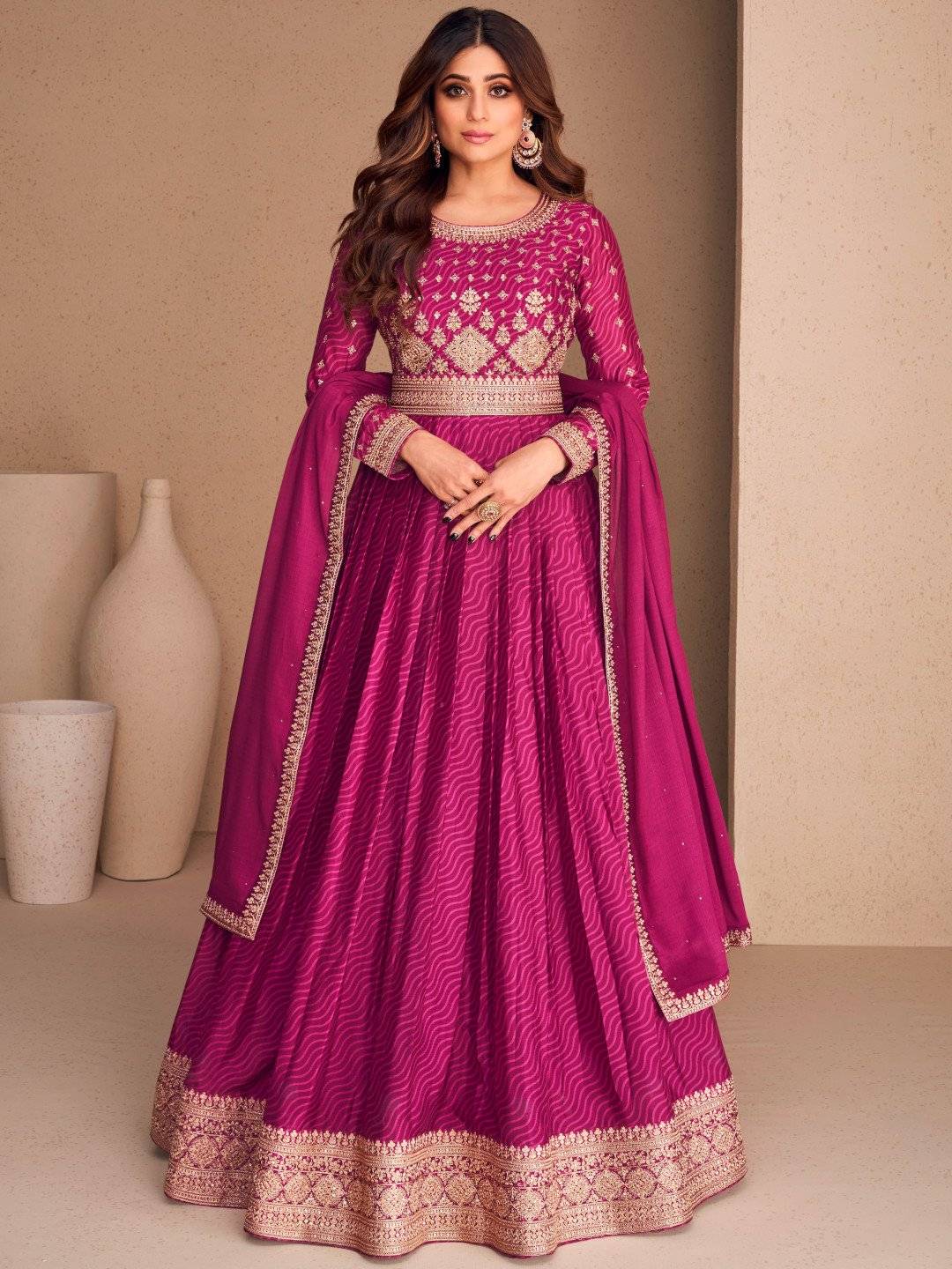 Embellished Magenta Chinon Silk Zari Stitched Gown with Dupatta