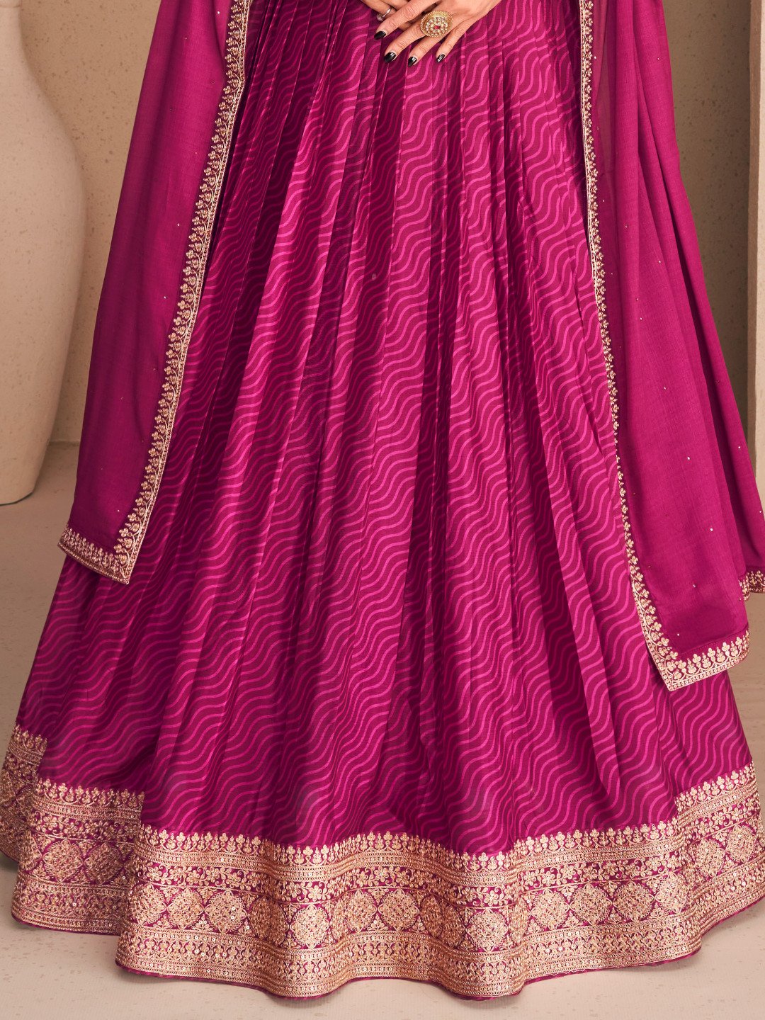 Embellished Magenta Chinon Silk Zari Stitched Gown with Dupatta