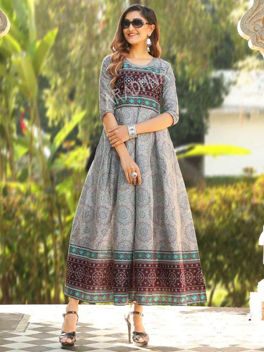 Grey Printed Flared Cotton Long Kurti