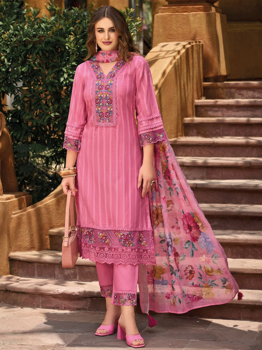 Floral Yoke Embroidered Stitched Suit Set With Dupatta