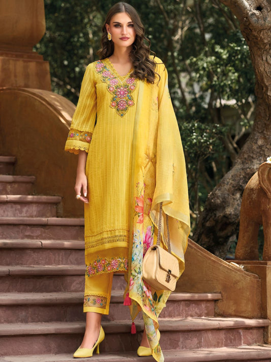 Floral Yoke Embroidered Stitched Suit Set With Dupatta