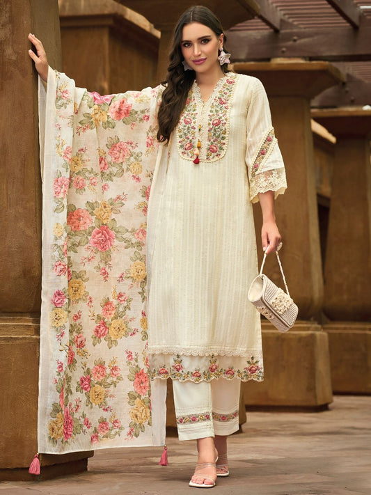 Floral Yoke Embroidered Stitched Suit Set With Dupatta