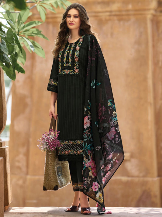 Floral Yoke Embroidered Stitched Suit Set With Dupatta