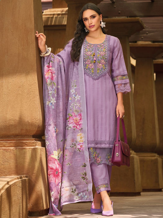 Floral Yoke Embroidered Stitched Suit Set With Dupatta