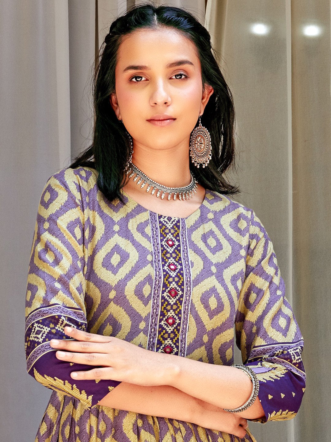 Purple Ikat Printed Rayon Designer Long Kurti