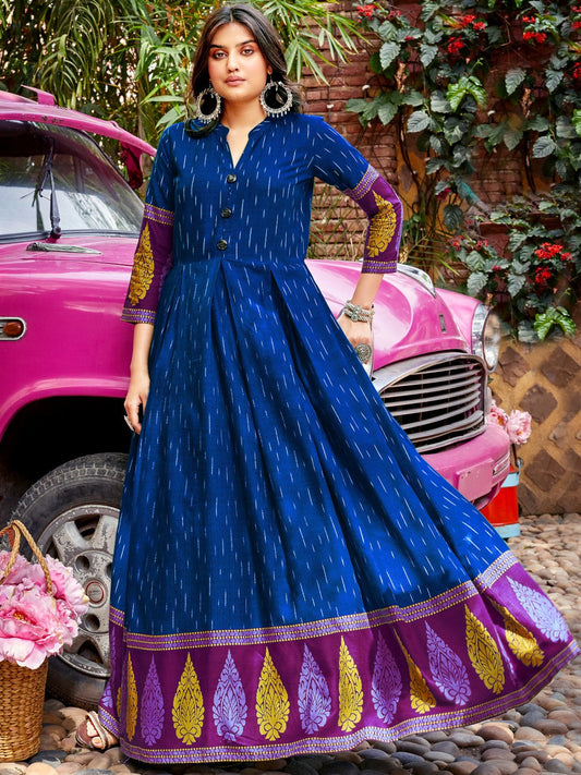 Blue Rayon Ikat Printed Flared Long Kurti with Border