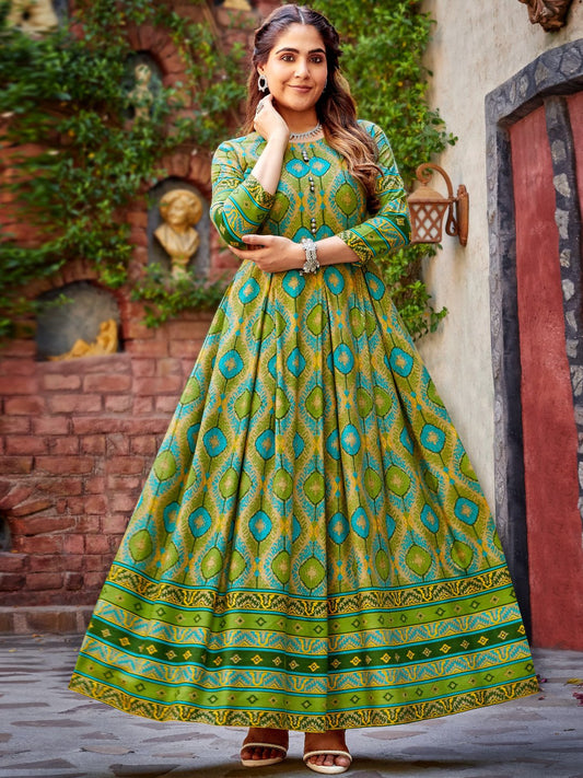 Mahendi green Ikat Printed Flared Designer Long Kurti