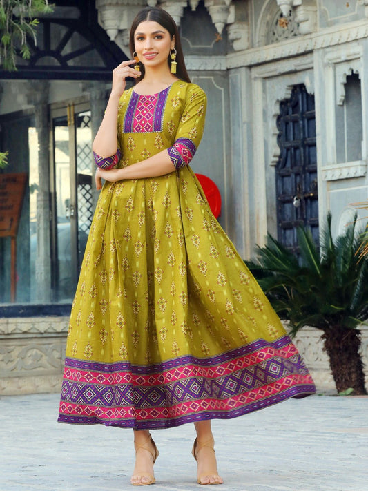 Lime Green Printed Flared Cotton Long Kurti