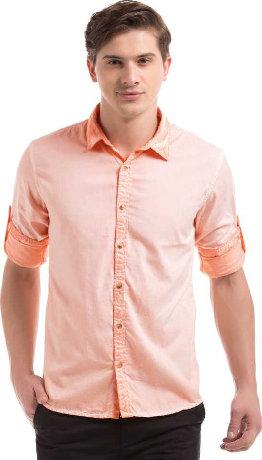 Men Slim Fit Solid Spread Collar Casual Shirt